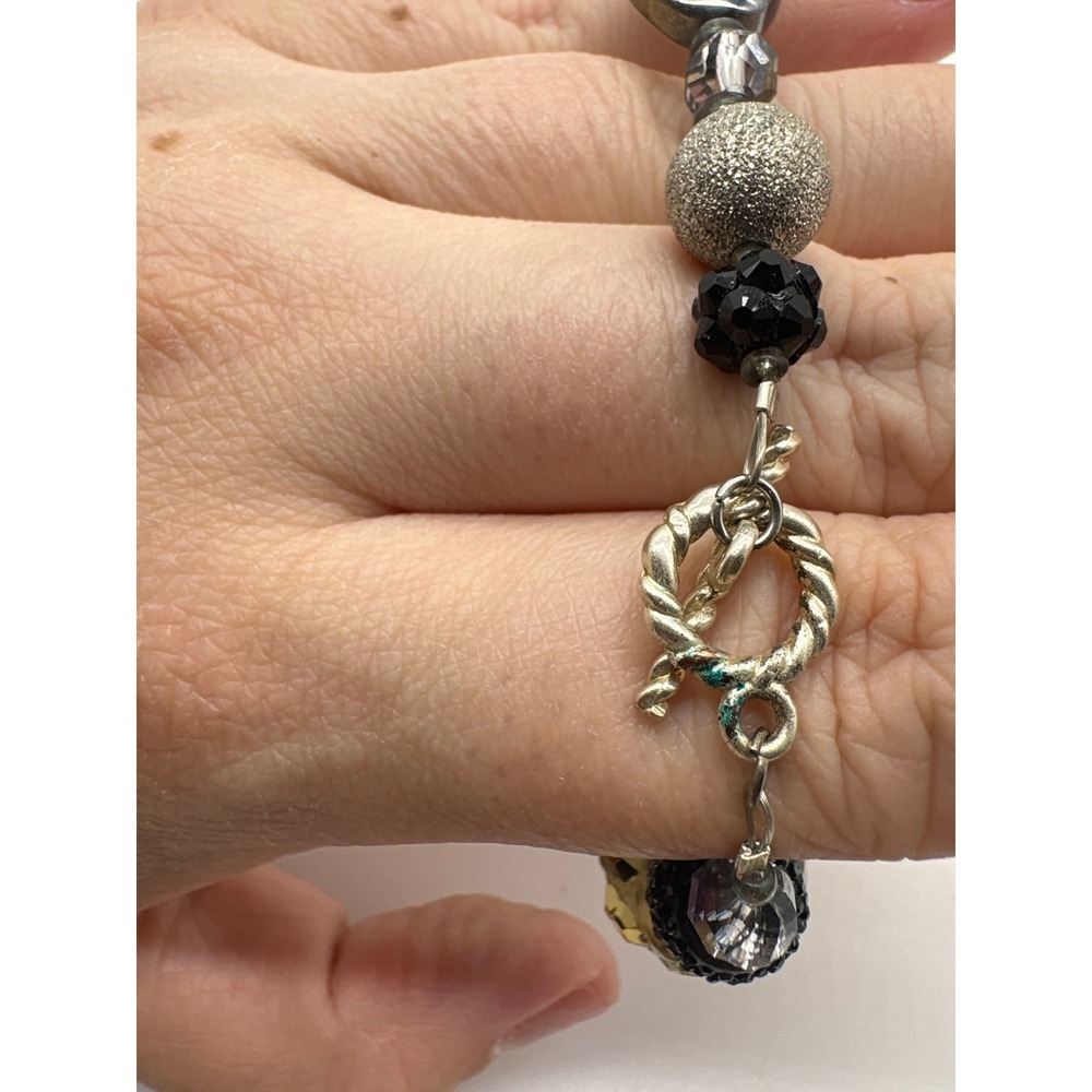 Mixed Bead Toggle Bracelet Smoke Black Silver Tone Faceted Glass Statement